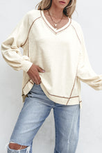 Load image into Gallery viewer, Beige Exposed Seam Textured Knit V Neck Pullover Top
