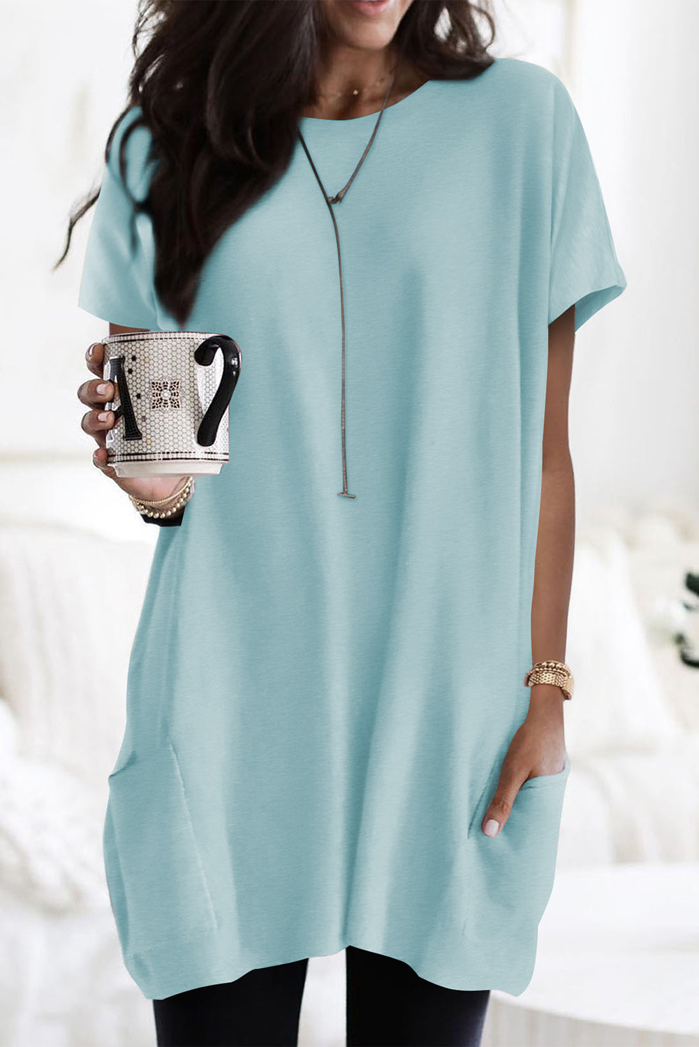 Gray Side Pockets Short Sleeve Tunic Top