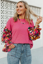 Load image into Gallery viewer, Sachet Pink Flower Patchwork Ruffled Sleeve Ribbed Knit Drop Shoulder Top
