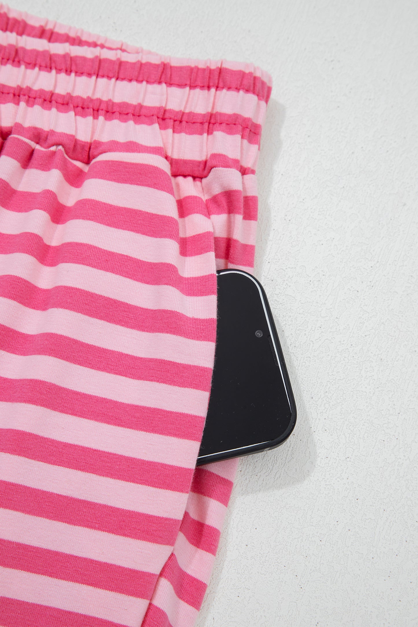 Pink Stripe Drop Shoulder Round Neck Top and Buttoned Straight Pants Two Piece Set