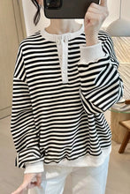 Load image into Gallery viewer, White Stripe Color Block Buttoned Crew Neck Oversized Sweatshirt
