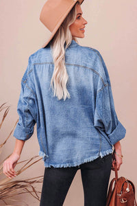 Sky Blue Sequin Patchwork Flap Pockets Raw Hem Denim Jacket