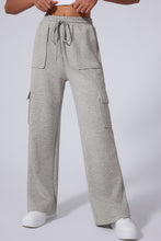 Load image into Gallery viewer, Light Grey Multi Pockets Lace-up High Waist Wide Leg Workout Pants
