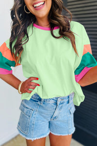 Green Color Block Stitching Sleeve Round Neck Oversize Top