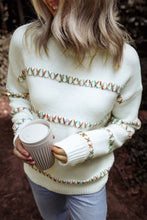 Load image into Gallery viewer, White Colorful Crossed Stitch Drop Shoulder Sweater
