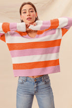 Load image into Gallery viewer, Orange Stripe Colorblock V Neck Casual Sweater
