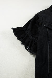 Black Raw Edge Ruffled Short Sleeve Denim Jacket