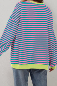 Green Stripe Oversized Contrast Trim Pullover Sweatshirt