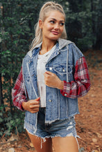 Load image into Gallery viewer, Beau Blue Plaid Print Patchwork Hooded Raw Hem Denim Jacket
