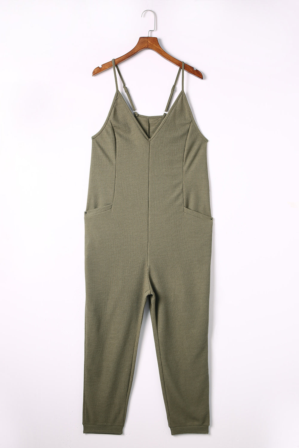 Green Textured Sleeveless V-Neck Pocketed Casual Jumpsuit