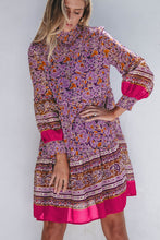 Load image into Gallery viewer, Purple Floral Smocked Puff Sleeve High Neck Mini Dress
