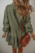 Load image into Gallery viewer, Jungle Green Puff Sleeve Buttoned Tiered Pleated Shirt Mini Dress
