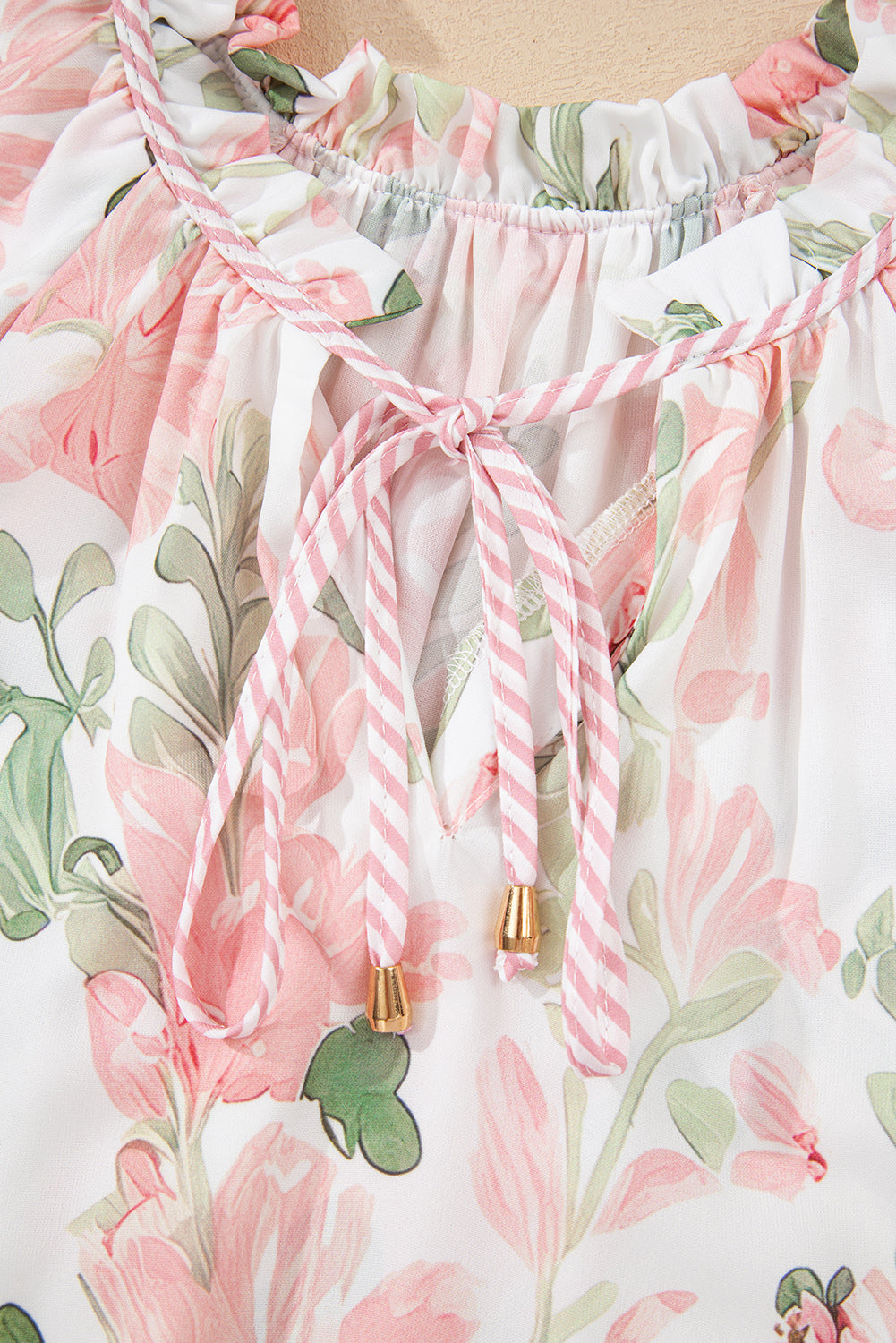 Pink Floral Print Striped Contrast Tiered Ruffled Sleeve V Neck Blouse