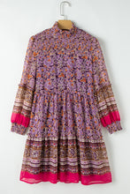 Load image into Gallery viewer, Purple Floral Smocked Puff Sleeve High Neck Mini Dress
