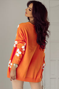 Orange Floral Print Knitted Open Front Loose Cardigan