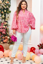 Load image into Gallery viewer, Pink Plus Size Floral Print Frilled Neck Puff Sleeve Top
