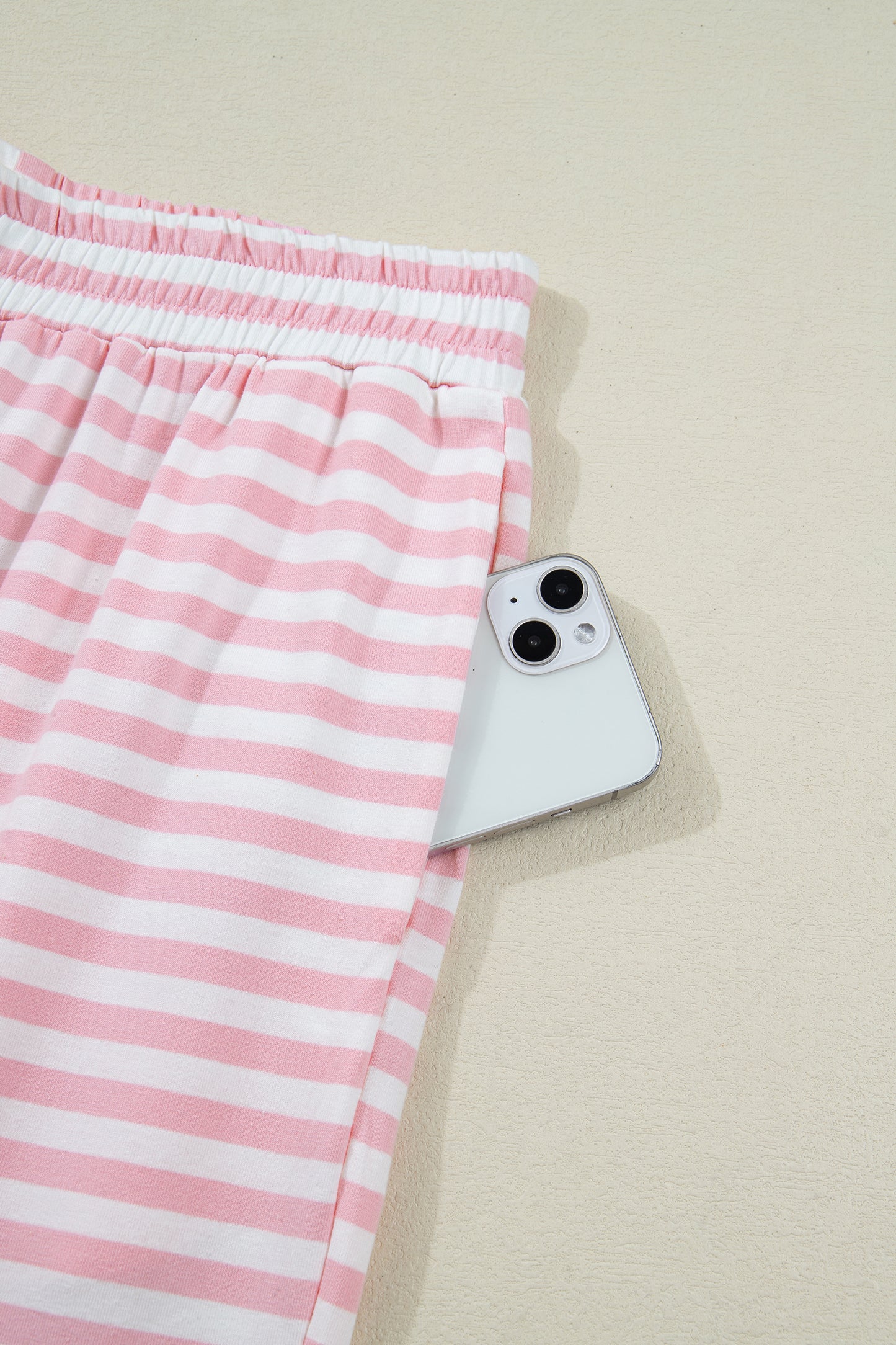 Pink Stripe Drop Shoulder Round Neck Top and Buttoned Straight Pants Two Piece Set