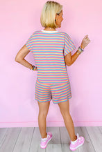 Load image into Gallery viewer, Pink Stripe Crew Neck Tee and Tasseled Drawstring Shorts Set
