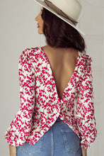 Load image into Gallery viewer, Red Floral Print Long Sleeve Open Back Blouse
