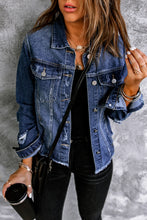 Load image into Gallery viewer, Sky Blue Lapel Distressed Raw Hem Buttons Denim Jacket
