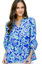 Load image into Gallery viewer, Blue Mix Floral Printed Lace Detail Bracelet Sleeve Blouse
