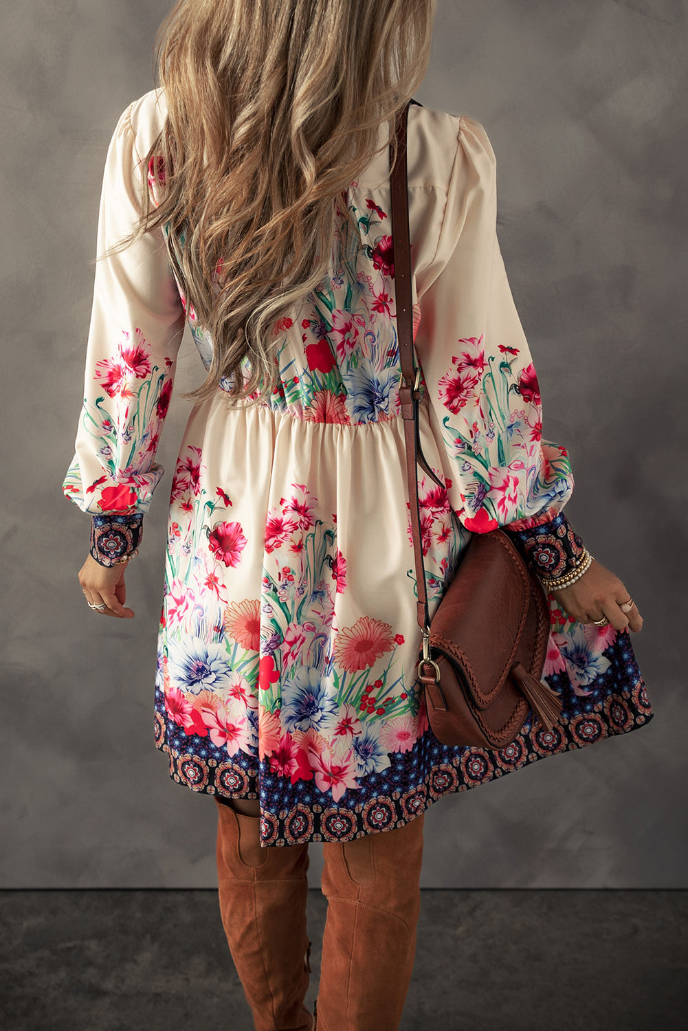 Apricot Floral Print Buttoned High Waist Shirt Mini Dress