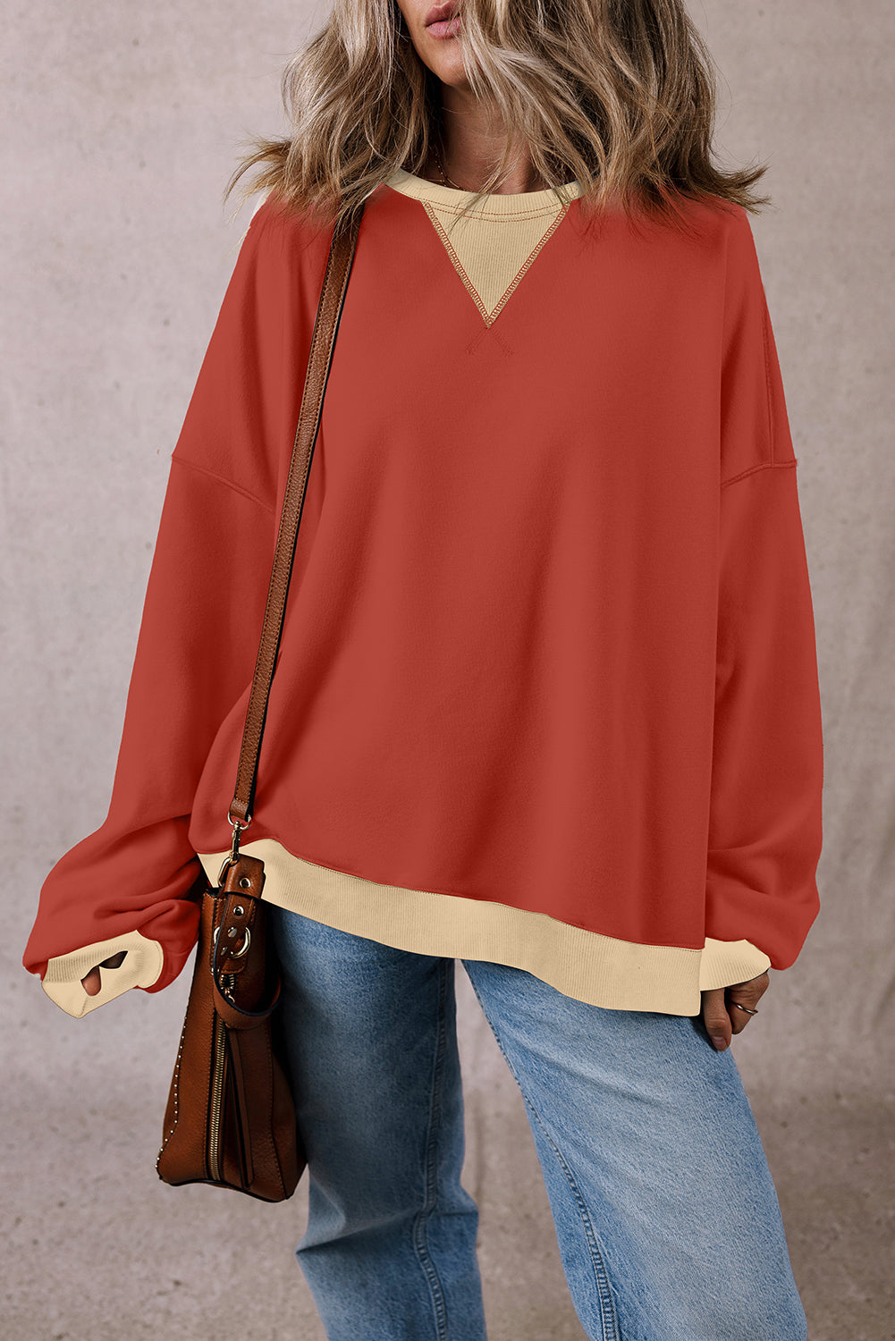 Red Clay Color Block Patch Drop Shoulder Oversized Sweatshirt