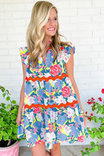 Load image into Gallery viewer, Sky Blue Floral Printed V Notched Ric Rac Flutter Sleeve Dress
