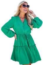 Load image into Gallery viewer, Sea Green Frilly V Neck Puff Sleeve Drawstring Shift Mini Dress
