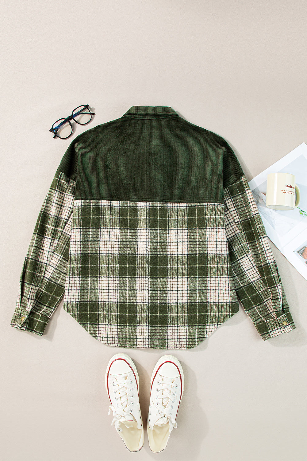 Blackish Green Snap Buttons Colorblock Plaid Shacket