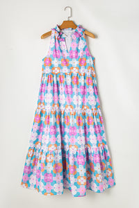 Blue Floral Print Frilly Neck Sleeveless Tiered Maxi Dress