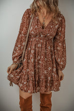 Load image into Gallery viewer, Brown Boho Floral Ruffled Puff Sleeve V Neck Mini Dress
