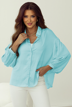 Load image into Gallery viewer, Iceland Blue Solid Puff Sleeve Loose Fit Buttoned Shirt
