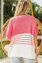 Load image into Gallery viewer, Strawberry Pink Contrast Stripes V Neck Knitted Short Sleeve Top
