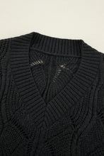 Load image into Gallery viewer, Black Hollow Out Knit V Neck Drop Shoulder Sweater
