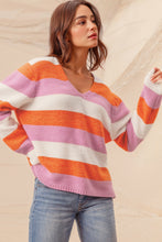 Load image into Gallery viewer, Orange Stripe Colorblock V Neck Casual Sweater
