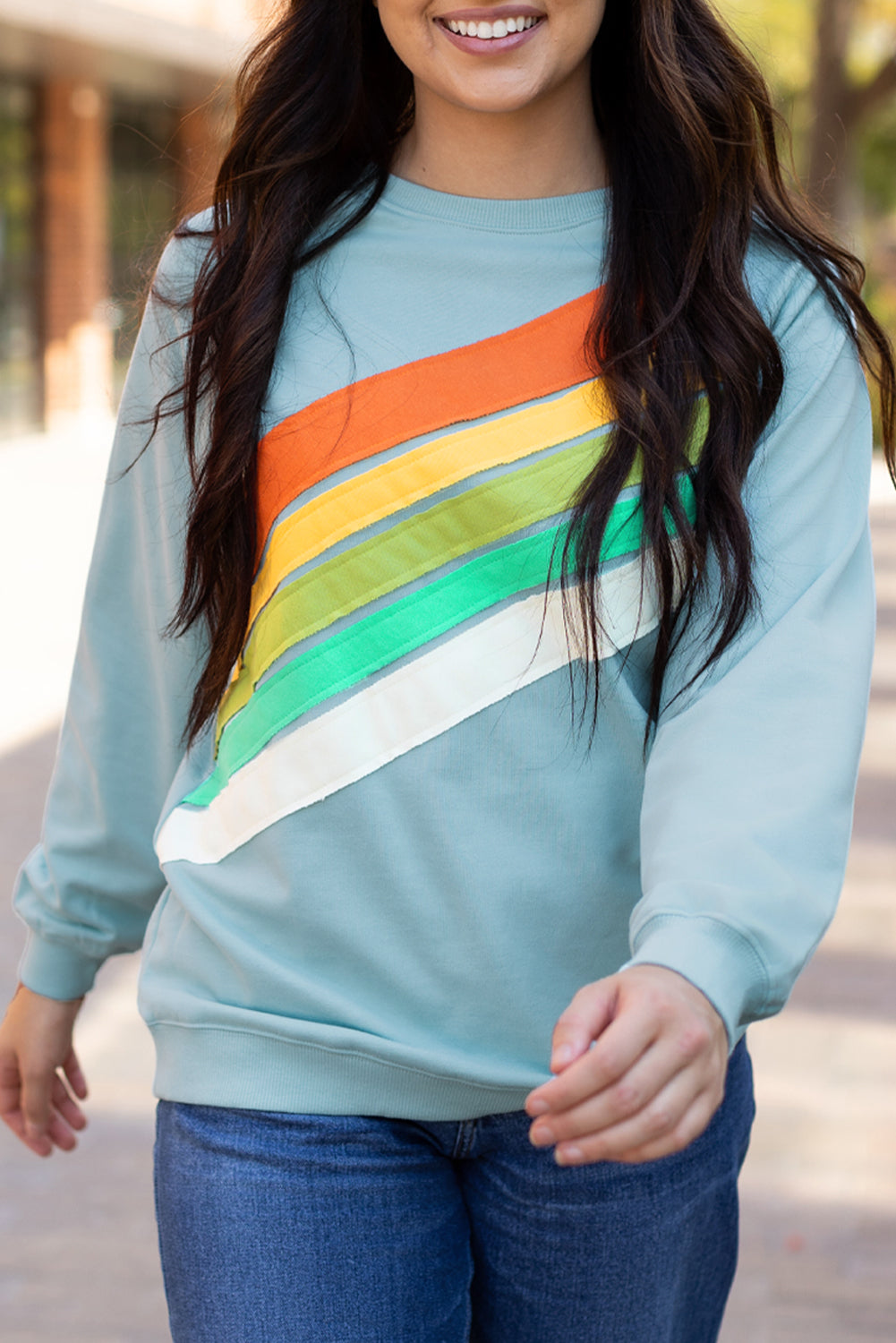 Apricot Rainbow Colorblock Striped Pullover Sweatshirt