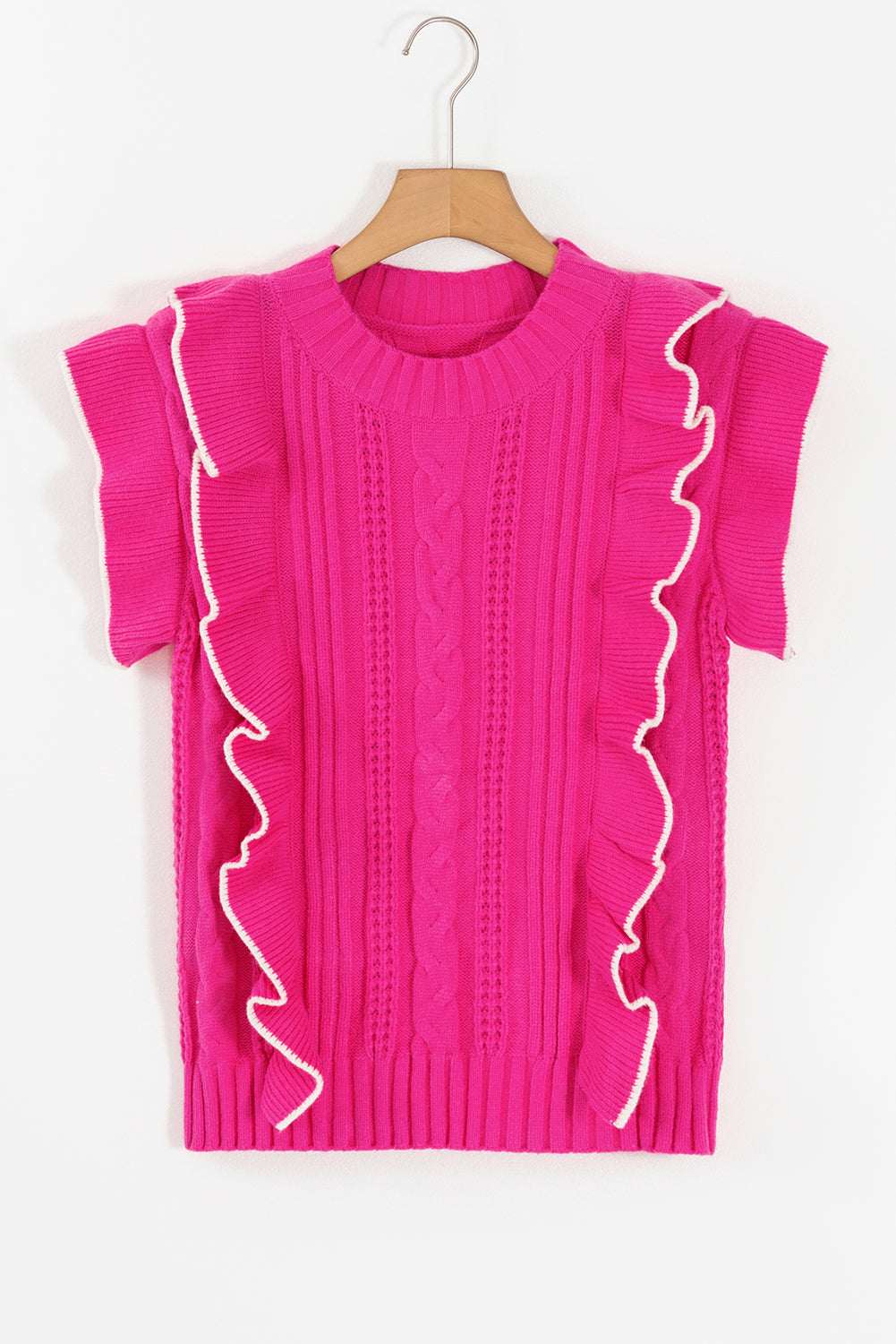 Strawberry Pink Textured Knit Ruffled Mock Neck Sweater Tank