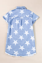 Load image into Gallery viewer, Sky Blue Stars Frayed Hem Collared Short Sleeve Denim Dress
