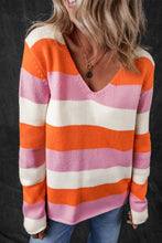 Load image into Gallery viewer, Orange Stripe Colorblock V Neck Casual Sweater
