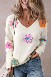 White Crochet Flower V Neck Sweater