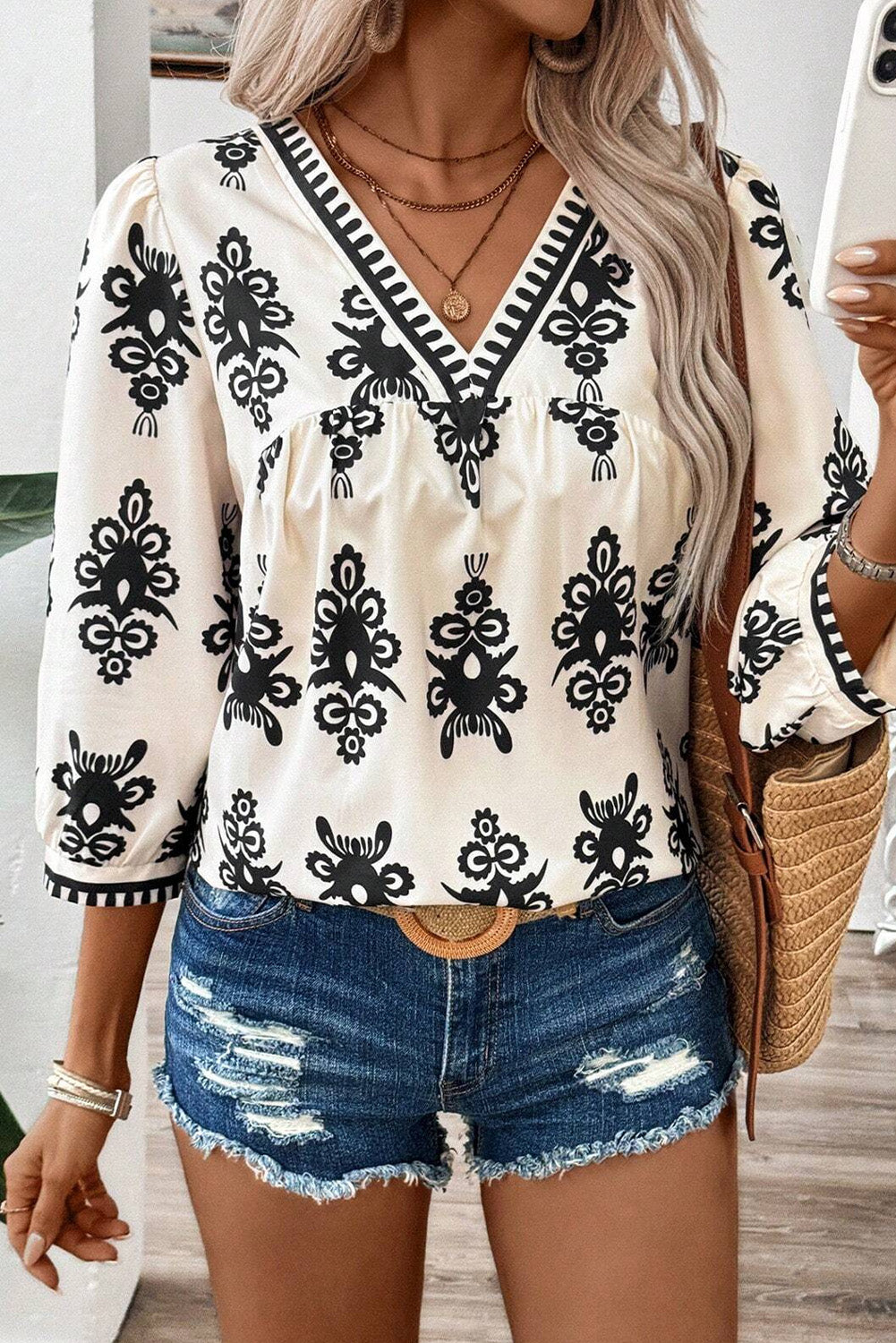 Black Vintage Geometric Printed 3/4 Sleeve V Neck Blouse