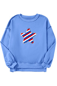 Sky Blue Sequin Trim Embroidered Star USA Pattern Sweatshirt