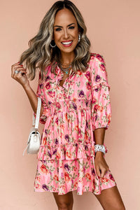 Pink Abstract Print Frilled Smocked High Waist Mini Dress