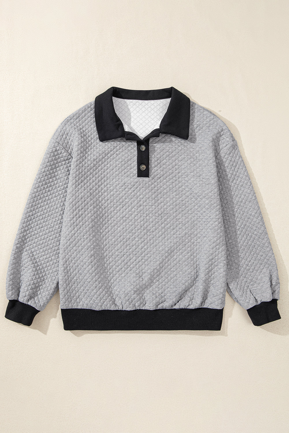 Light Grey Textured Colorblock Edge Buttoned Collar Sweatshirt