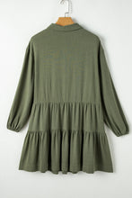 Load image into Gallery viewer, Jungle Green Puff Sleeve Buttoned Tiered Pleated Shirt Mini Dress
