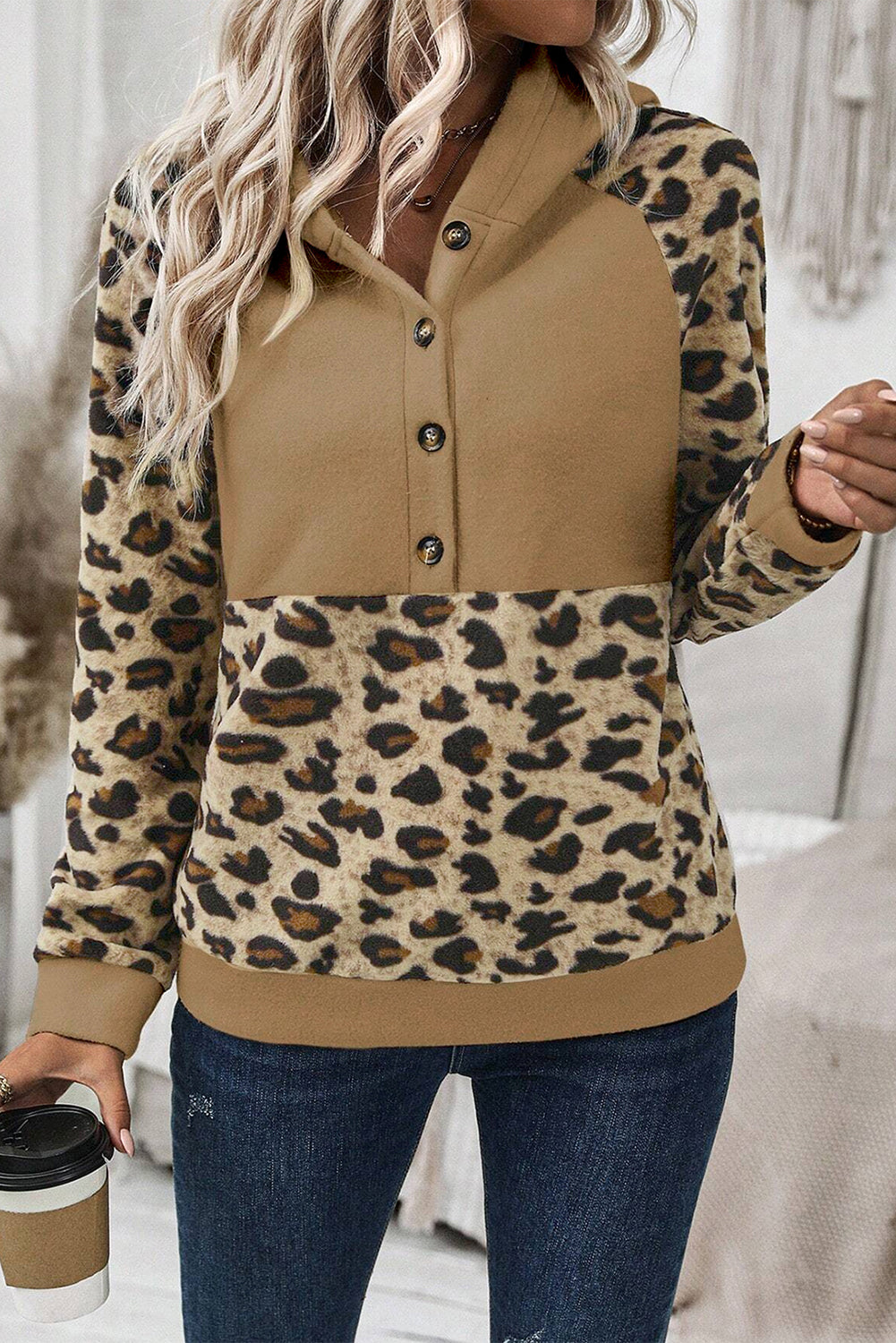 Light French Beige Leopard Print Patchwork Raglan Sleeve Half Buttons Hoodie