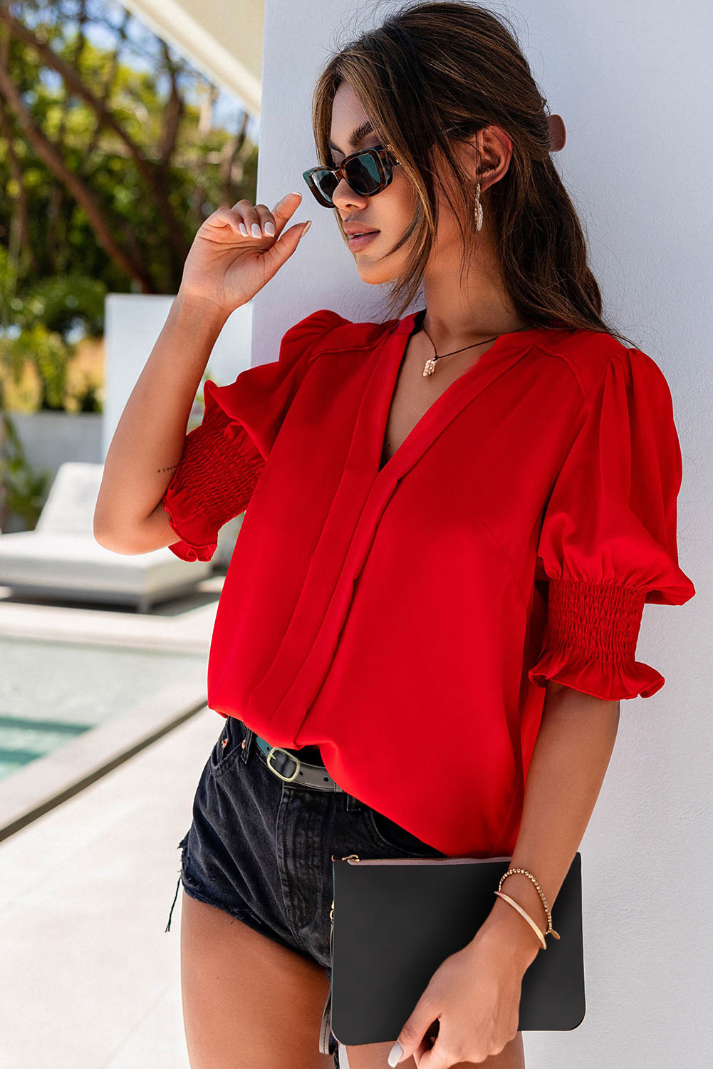 Apricot Solid Color Half Sleeve V Neck Blouse