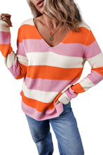 Load image into Gallery viewer, Orange Stripe Colorblock V Neck Casual Sweater
