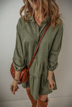 Load image into Gallery viewer, Jungle Green Puff Sleeve Buttoned Tiered Pleated Shirt Mini Dress
